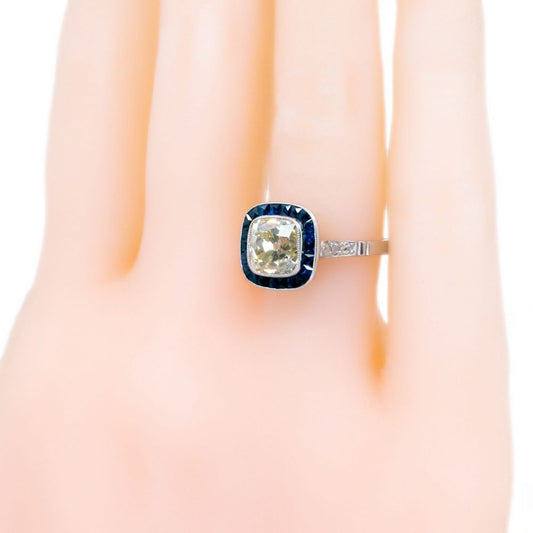 Vintage 1.94ct Cushion Cut Diamond and Sapphire Target Ring