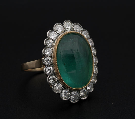 Vintage 14.9ct Oval Cabochon Emerald and Diamond Cluster Ring