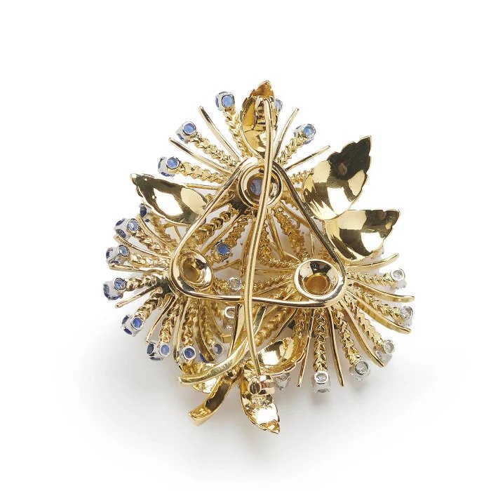 Vintage 1960s Sapphire Diamond And Gold Floral Spray Brooch