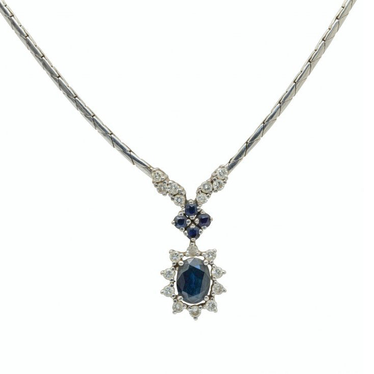 Vintage 1970s Sapphire and Diamond Cluster Pendant Necklace