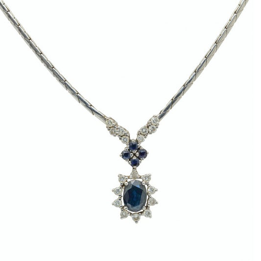 Vintage 1970s Sapphire and Diamond Cluster Pendant Necklace