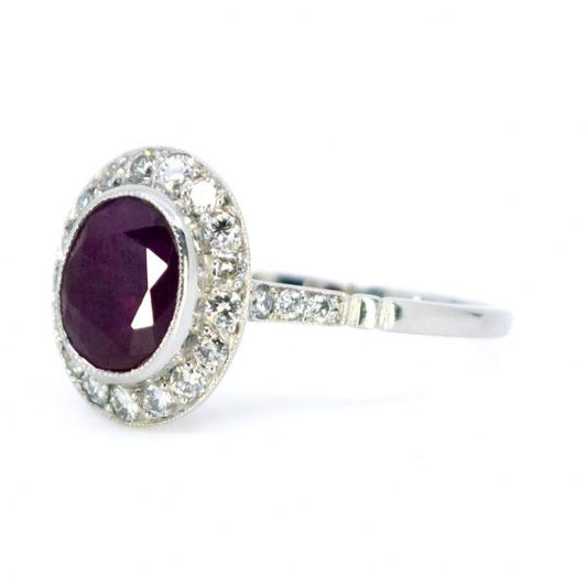 Vintage 2.11ct Ruby and Diamond Cluster Platinum Ring