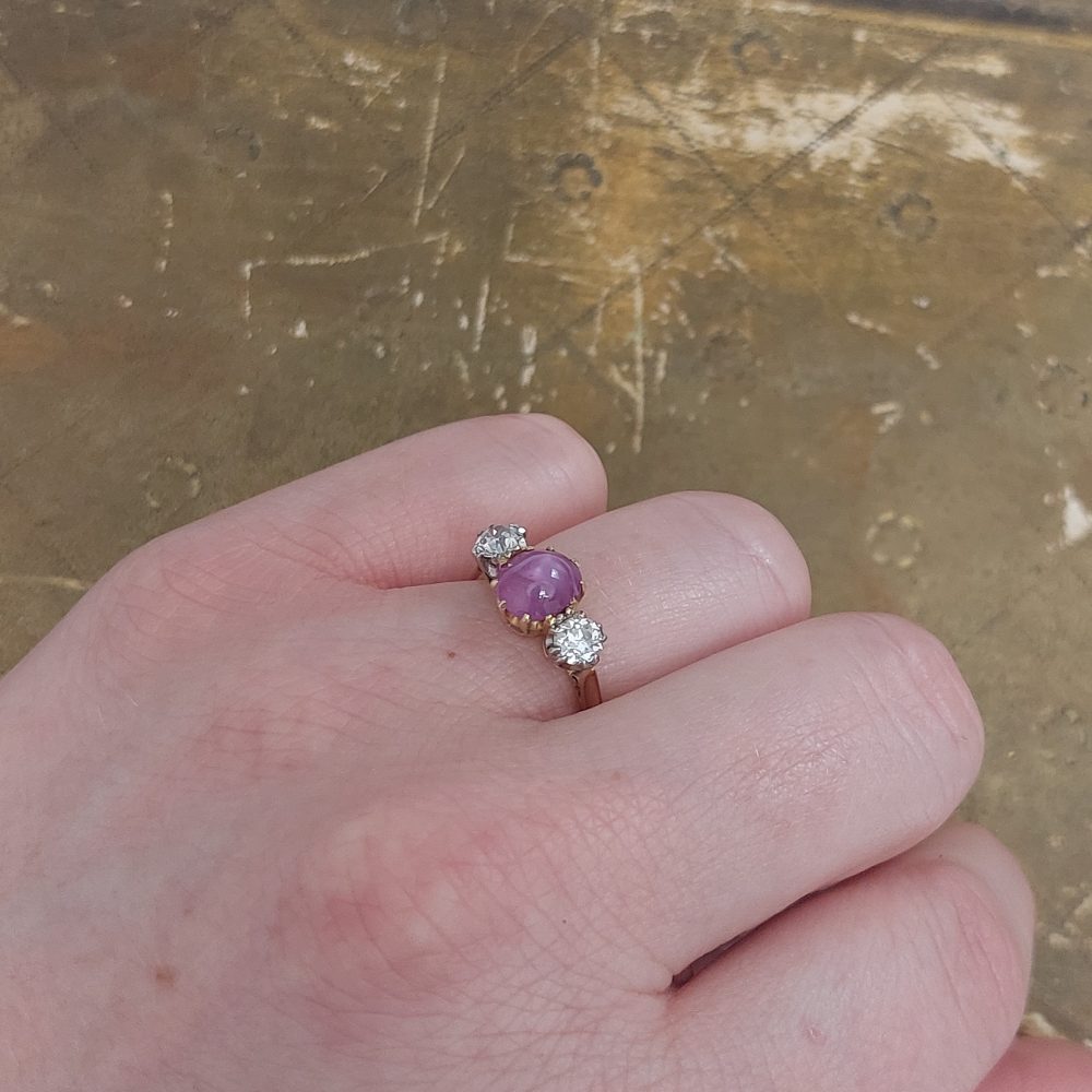 Vintage 2.50ct Star Ruby and Old Mine Cut Diamond Three Stone Ring