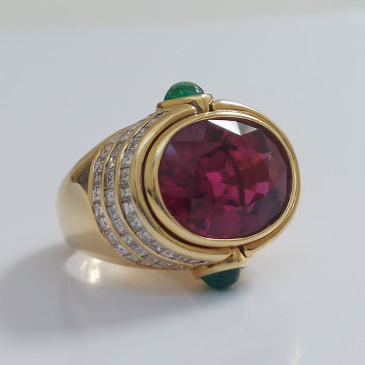 Vintage 20ct Rubellite Emerald and Diamond Dress Ring