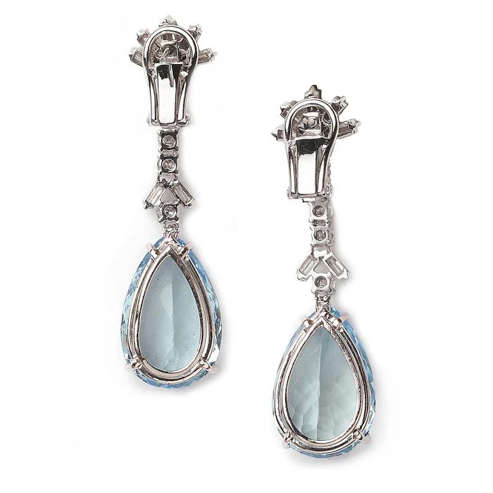 Vintage 24.77ct Pear Aquamarine and Diamond Drop Earrings