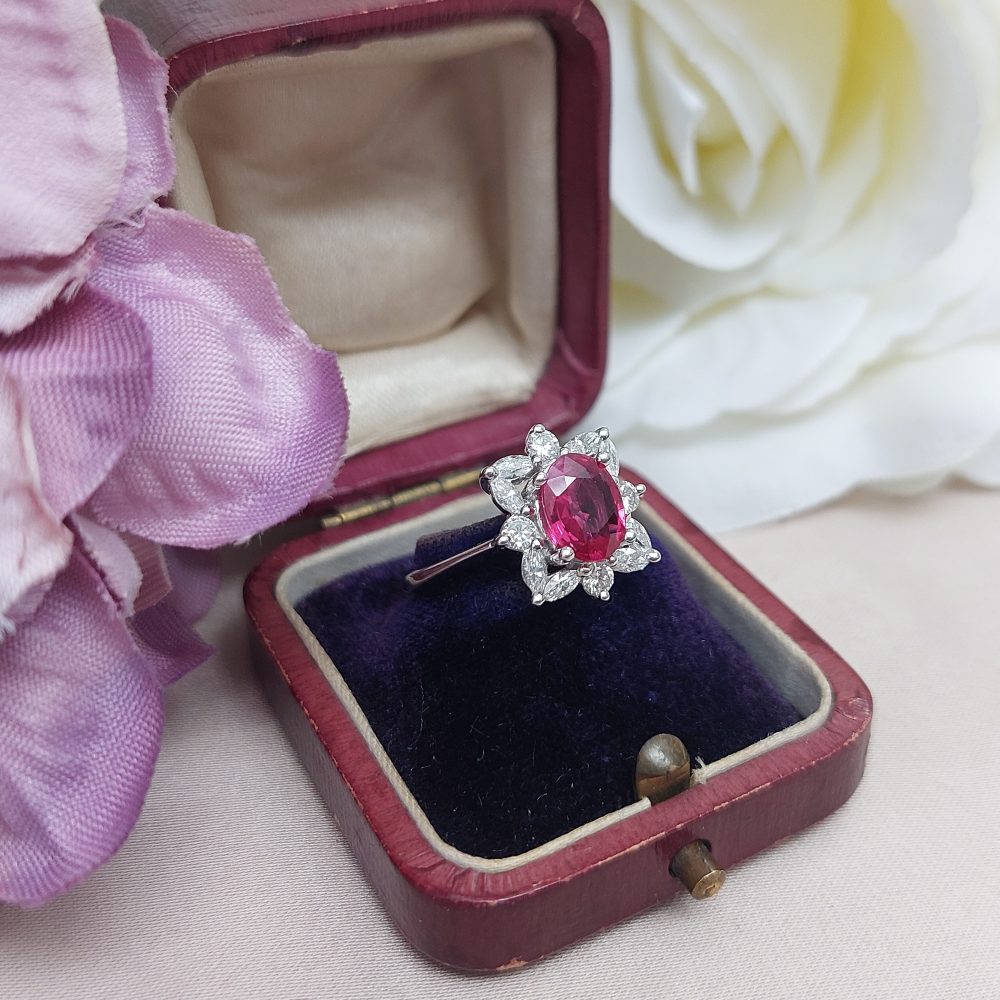 Vintage 2ct Ruby and Marquise Cut Diamond Ring