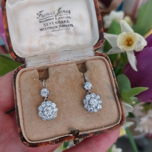 Vintage 3ct Old Cut Diamond Cluster Drop Earrings