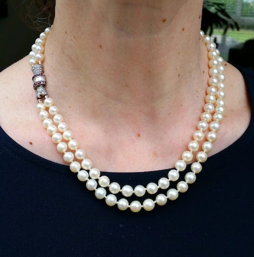 Vintage Akoya Pearl Necklace with Ruby and Diamond Clasp