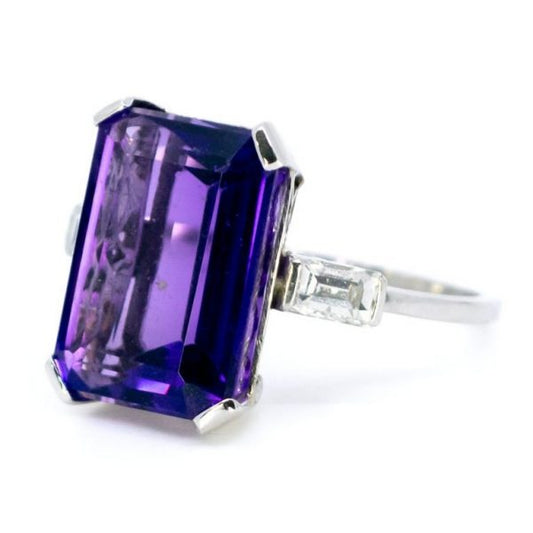 Vintage Art Deco Platinum Amethyst and Baguette Cut Diamond Ring