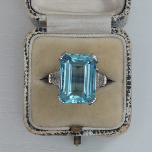 Vintage Aquamarine Ring with Floral Diamond Set Shoulders