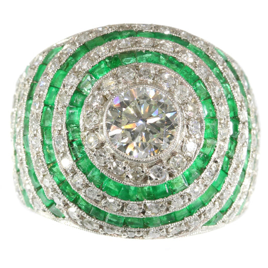 Vintage Art Deco Bombé Emerald Diamond Platinum Ring