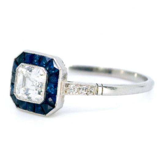 Vintage Asscher Cut Diamond and Sapphire Ring