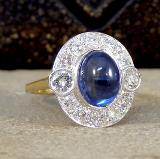 Vintage Cabochon Cut Sapphire and Diamond Cluster Ring