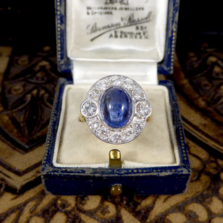 Vintage Cabochon Cut Sapphire and Diamond Cluster Ring