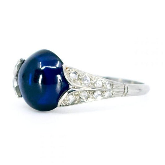 Vintage Cabochon Sapphire and Diamond Platinum Ring
