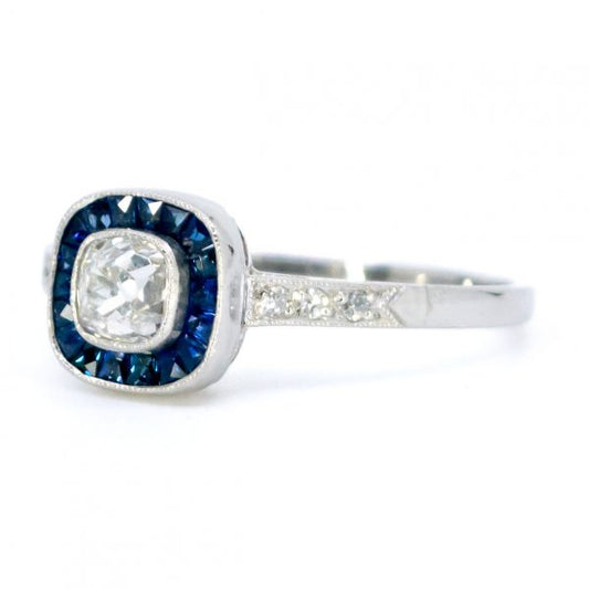 Vintage Platinum Cushion Cut Diamond and Sapphire Target Cluster Ring