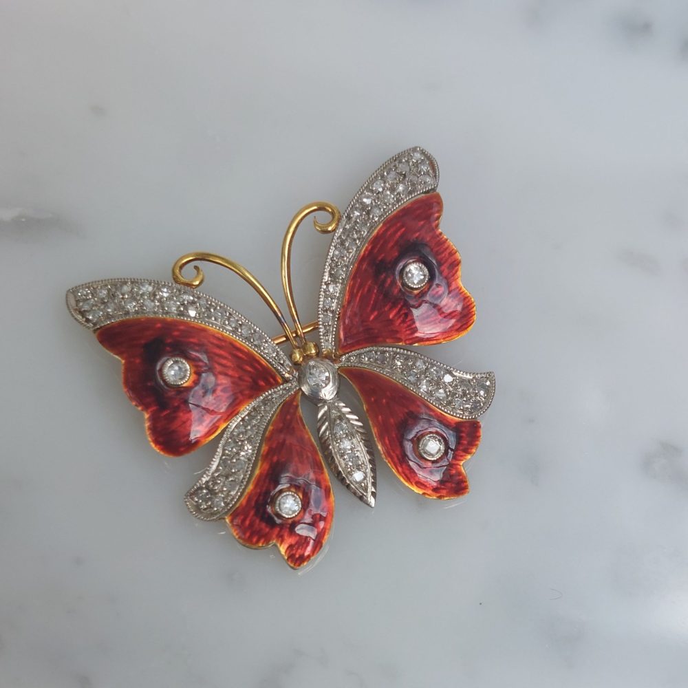 Vintage Diamond and Enamel Butterfly Brooch