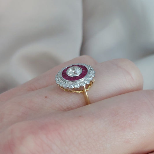 Vintage Diamond and Ruby Target Cluster Ring, 0.90ct