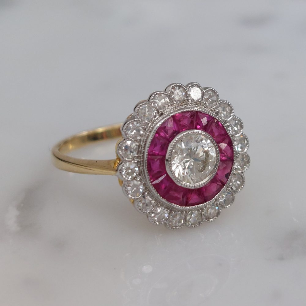 Vintage Diamond and Ruby Target Cluster Ring, 0.90ct