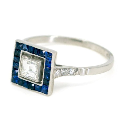 Vintage Platinum Diamond and Sapphire Square Target Cluster Ring