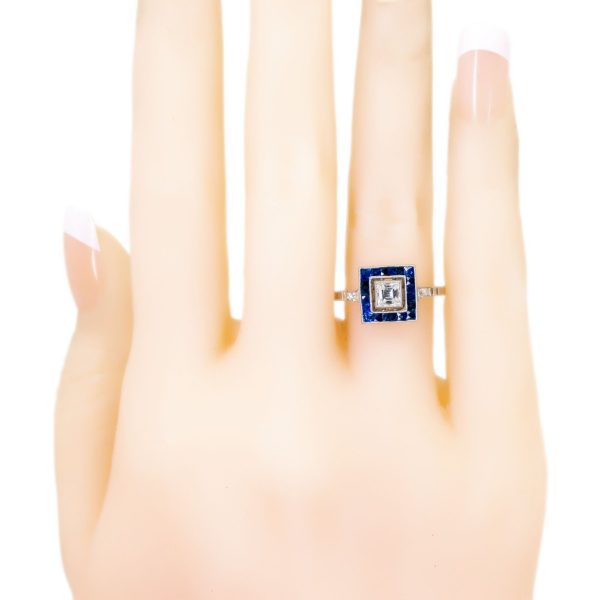 Vintage Platinum Diamond and Sapphire Square Target Cluster Ring