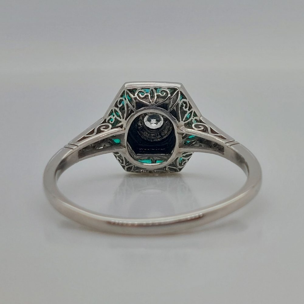 Vintage Emerald Diamond and Onyx Target Ring, Platinum