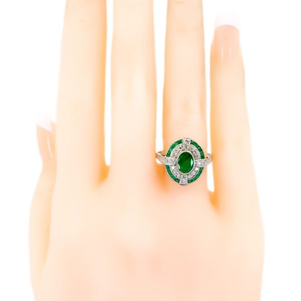 Vintage Emerald and Diamond Cluster Platinum Ring