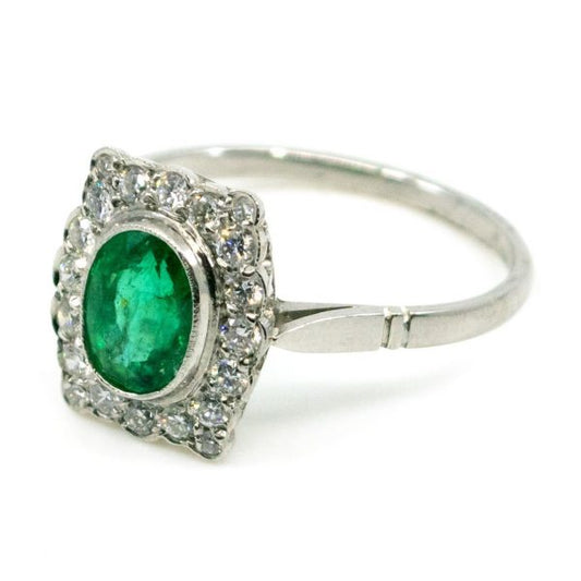 Vintage Emerald and Diamond Cluster Ring in Platinum