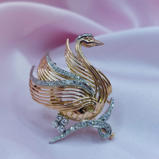 Vintage French Diamond Set Swan Brooch