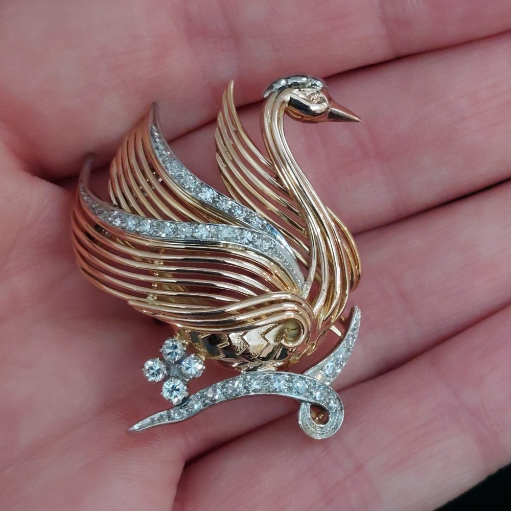 Vintage French Diamond Set Swan Brooch