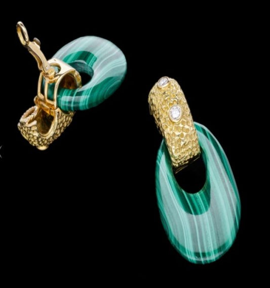 Vintage French Malachite Diamond Gold Earrings