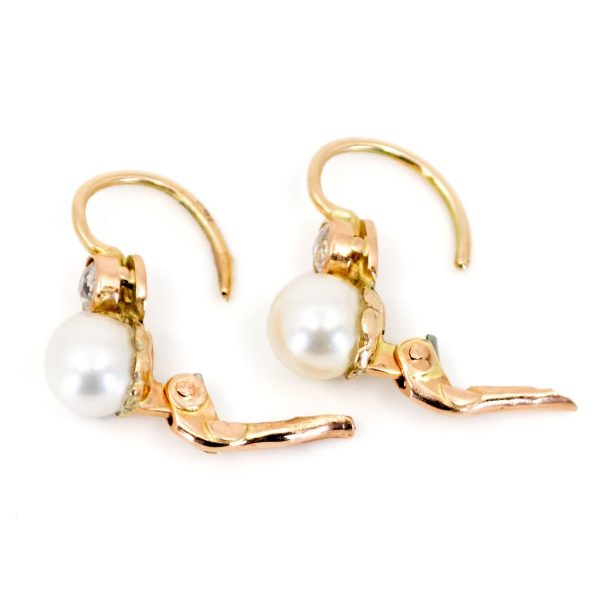 Vintage Old Mine Cut Diamond Cultured Pearl Earrings