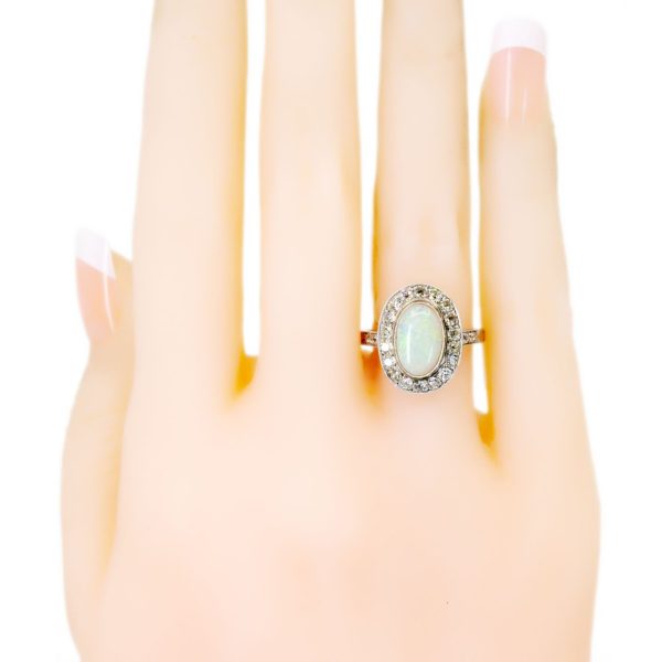 Vintage Oval Opal Diamond Cluster Platinum Ring