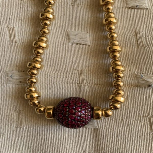Vintage Ruby Pavé Set Ball and 18ct Gold Necklace