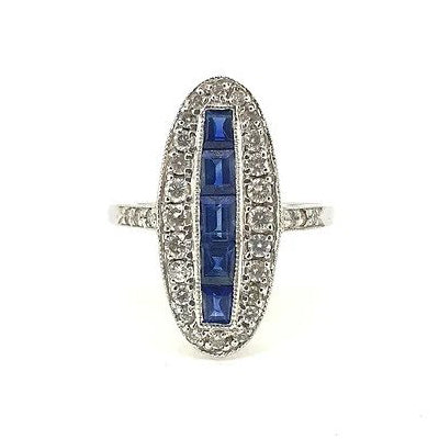 Vintage Sapphire and Diamond Oval Cluster Plaque Ring