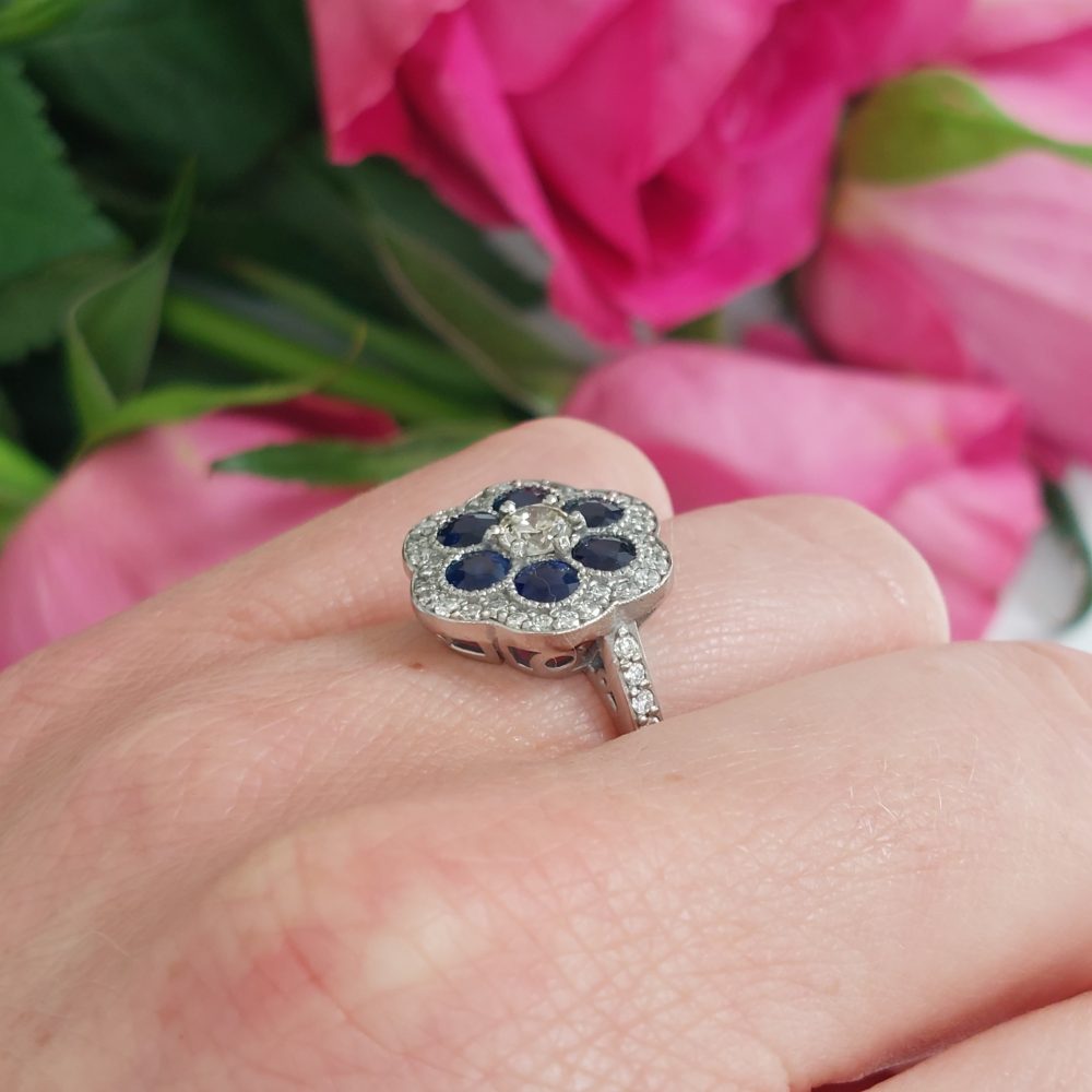 Vintage Sapphire and Diamond Floral Cluster Ring