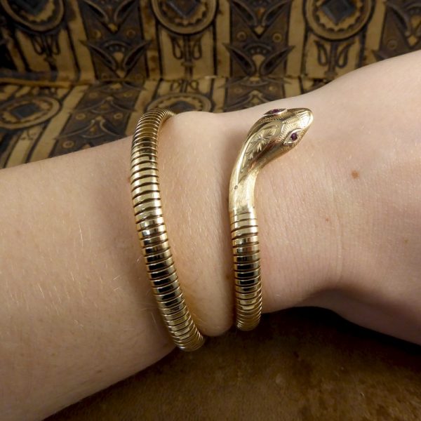 Vintage Snake Gold Bangle Bracelet with Garnet Set Eyes