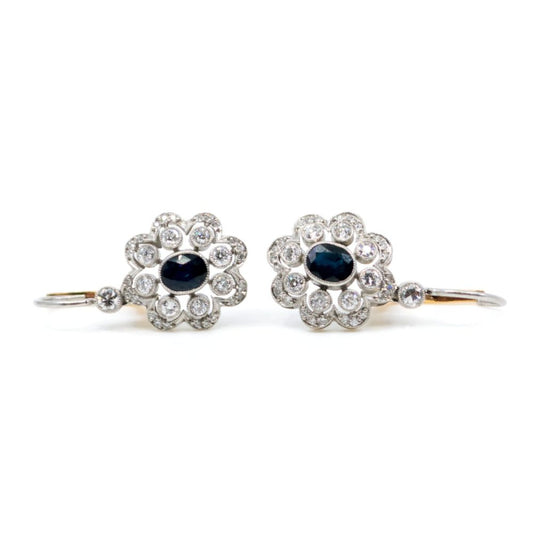 Vintage Style Platinum Sapphire and Diamond Cluster Drop Earrings, 1.00 Carat