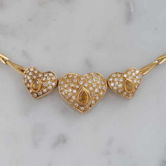 Vintage Yellow Sapphire and Diamond Heart Necklace and Earring Set