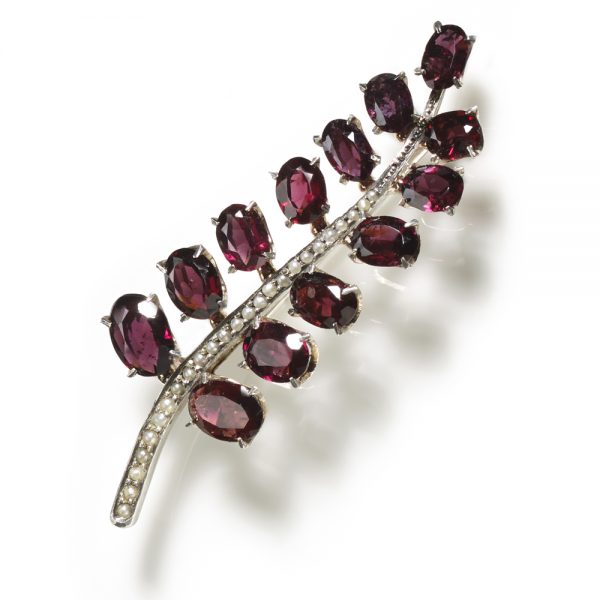 Vintage Garnet and Seed Pearl Feather Brooch