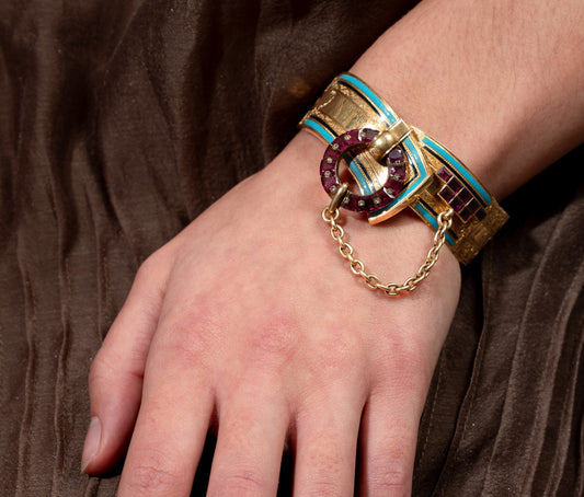 Victorian 18ct Garnet & Enamel Buckle Bracelet