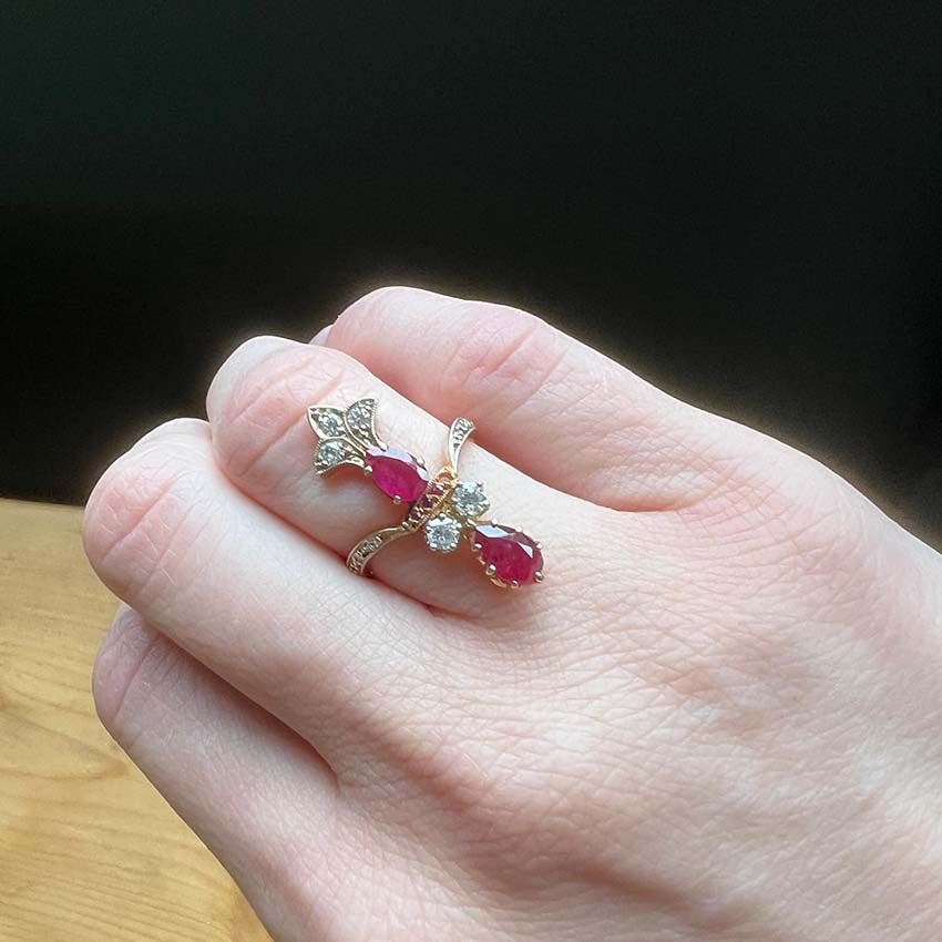 Vintage Burma Ruby and Diamond Ring In 18 Carat Yellow Gold