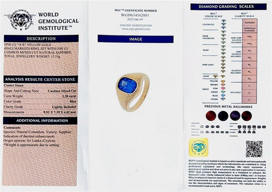 18 Carat Yellow Gold Ring With 3.30 Carat Ceylon Sapphire
