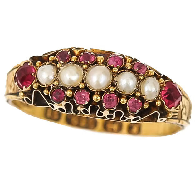 Antique 15ct yellow gold Victorian ruby and pearl ring with ornate engraving, dated 1878