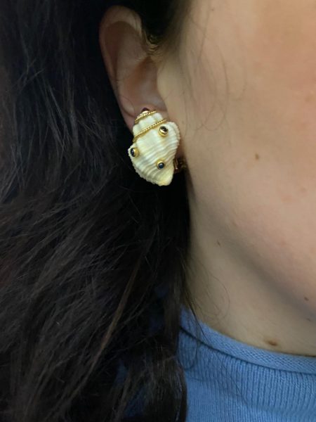 Vintage Gem Set Shell Gold Earrings