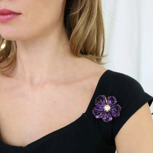 Antique Amethyst Pearl Diamond Pansy Flower Brooch, Circa 1880