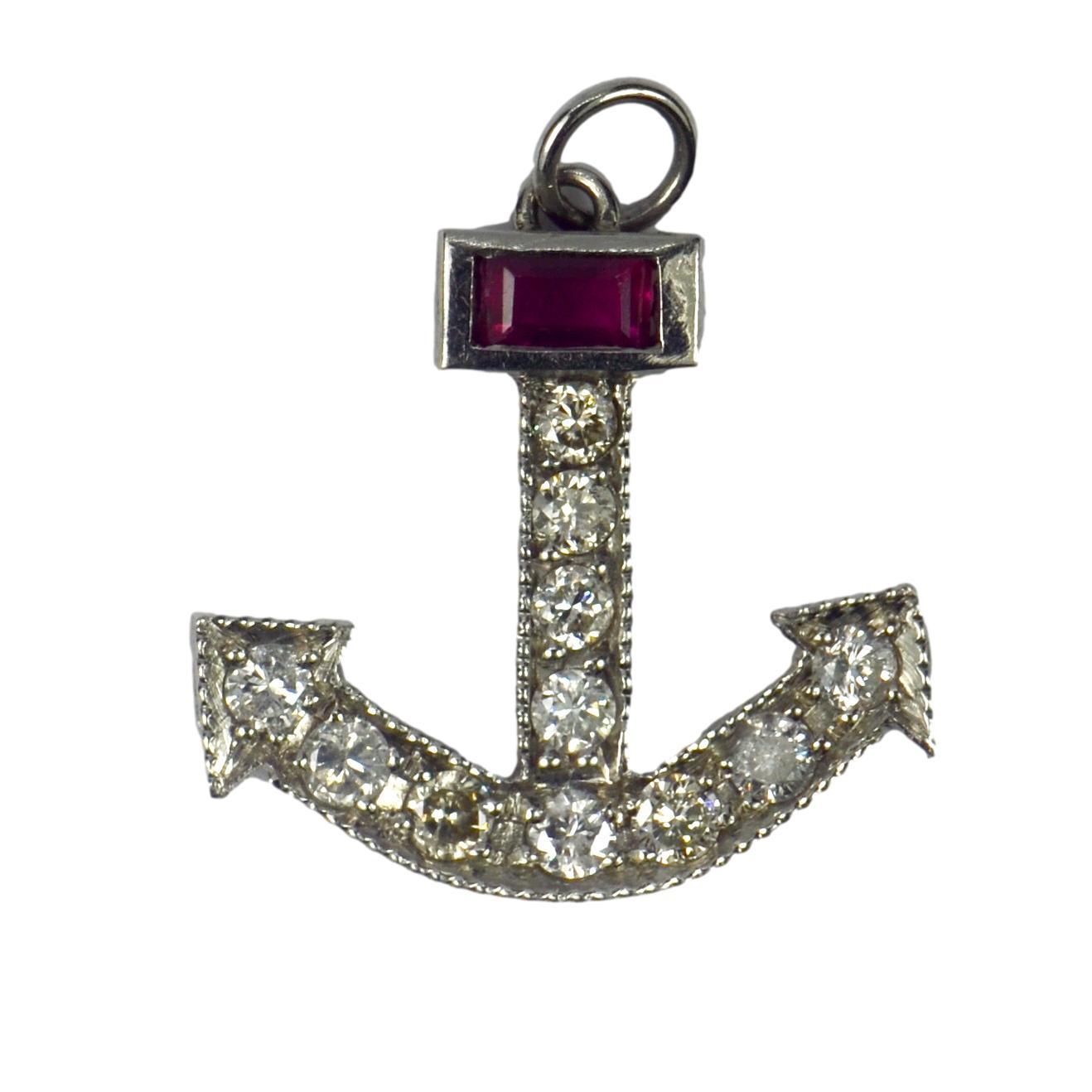 Diamond, Ruby and Platinum Anchor Charm Pendant