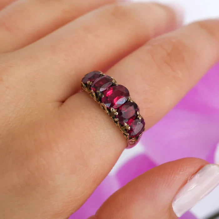Edwardian Antique 3.60ct Oval Ruby Five Stone Carved Ring