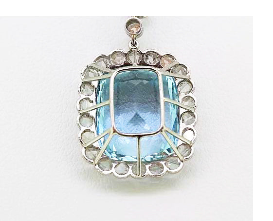 Art Deco Aquamarine and Rose Cut Diamond Pendant set in Platinum