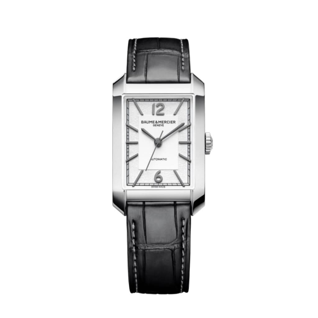 Baume et Mercier Hampton Automatic Watch 10522 in stainless steel with a black leather strap and silver dial